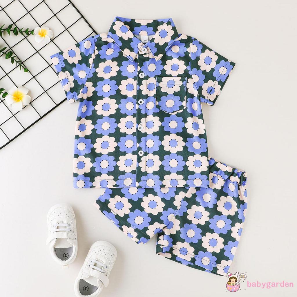 Bộ Áo Sơ Mi Ngắn Tay In Hoa + Quần Short Thời Trang Cho Bé Trai 1-6 Tuổi