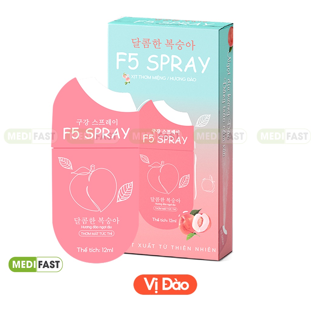 Xịt thơm miệng F5 Spray vị đào, dâu - Lọ 12ml thơm mát, làm sạch hơi thở, vệ sinh răng miệng - chiết xuất từ thảo dược