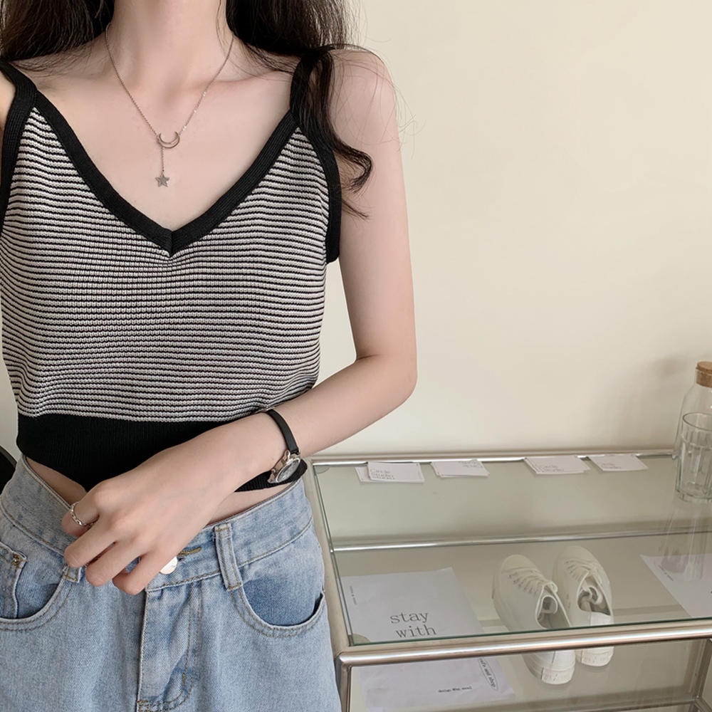 Áo Hai Dây Dệt Kim Cổ Chữ V Họa Tiết Kẻ Sọc Màu Sắc Thời Trang Mùa Hè 50061