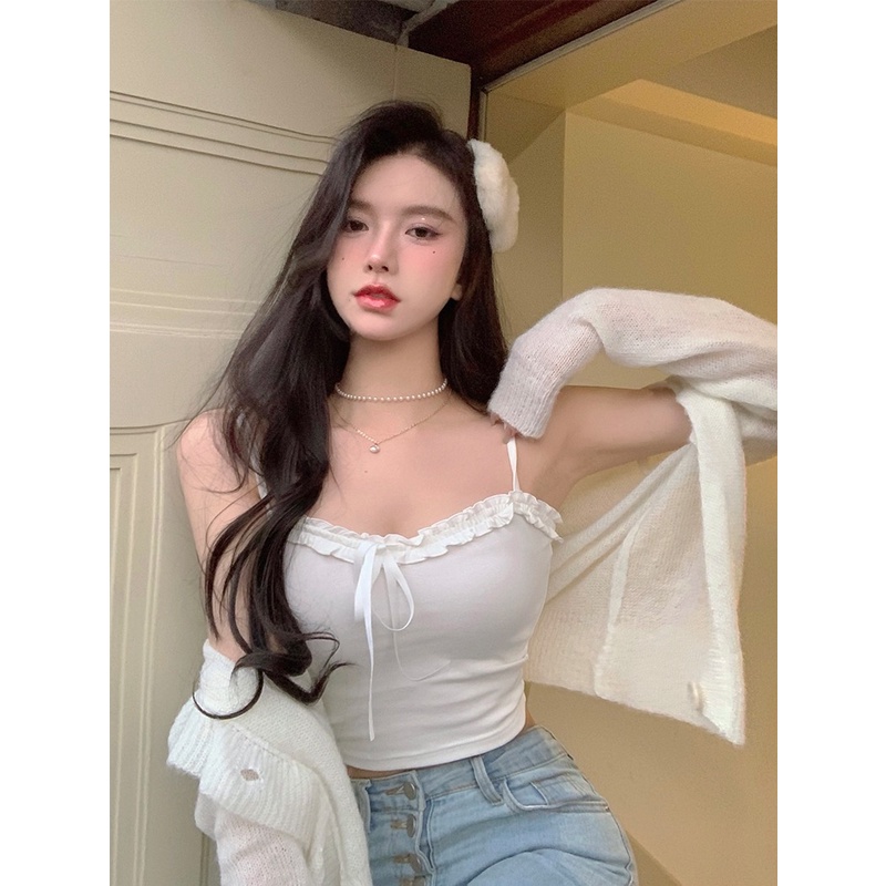 Áo 2 dây ZHELIHANGFEI dáng ngắn xếp li phối ren quyến rũ