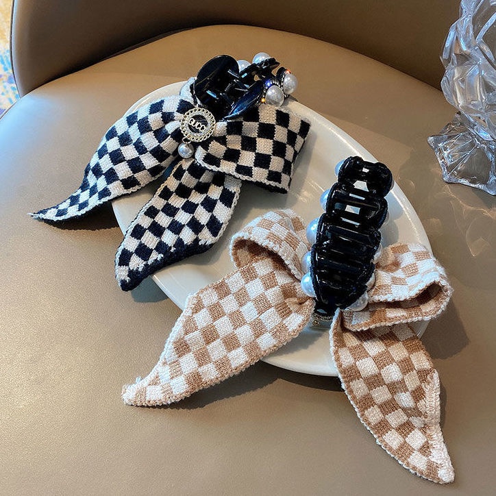 Kẹp Tóc Họa Tiết Ca Rô Đen Trắng Thời Trang Thu Đông Dành Cho Nữ
