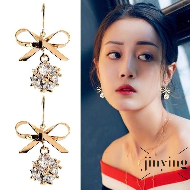GETNOIVAS Đôi khuyên tai dáng dài thiết kế hình nơ đính đá lấp lánh thời trang nữ dễ thương