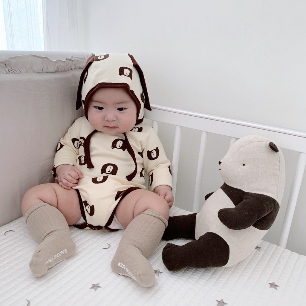 Áo Liền Quần Tay Dài Họa Tiết Gấu Hoạt Hình Dễ Thương Cho Em Bé Sơ Sinh 0-24 Tháng Tuổi