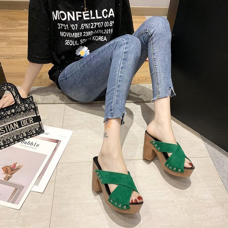 Dép cao gót 10cm đế dày quai chéo thời trang cho nữ