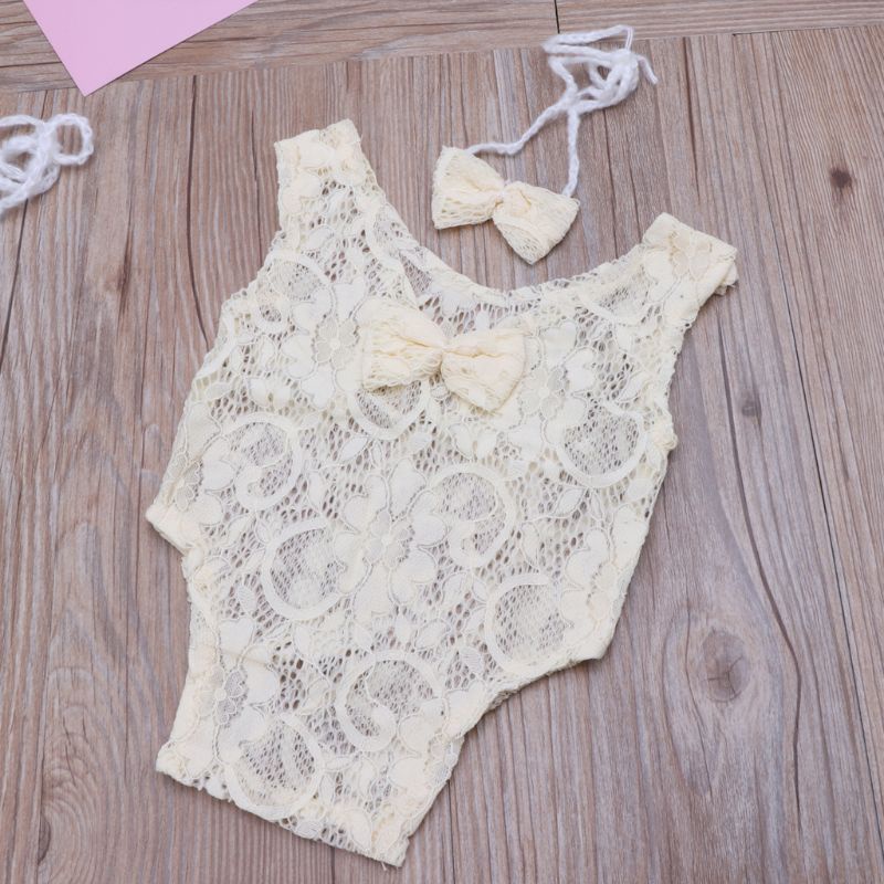 Bộ Áo Liền Quần Phối Ren Đính Nơ Kèm Băng Đô Xinh Xắn Cho Bé Sơ Sinh