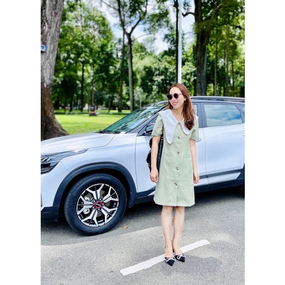 (SALE)Váy suông dáng bút chì màu xanh mint, cổ cách điệu, dây thắt luưng và 2 túi tiện lợi. Đầm tay ngắn có nút doc thân