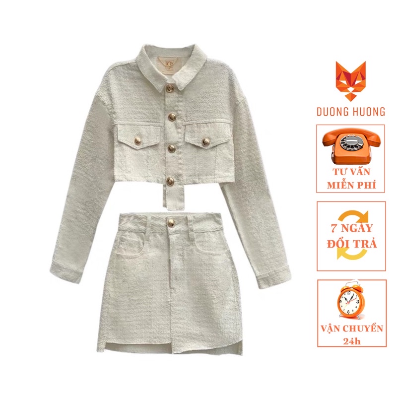 Sét áo khoác denim kèm chân váy trắng