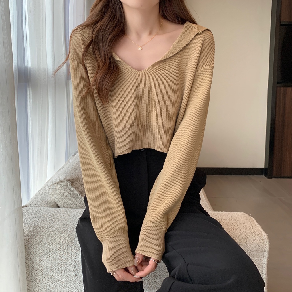 Áo croptop SUXI dệt kim tay dài dáng rộng cổ chữ V phong cách Hàn Quốc
