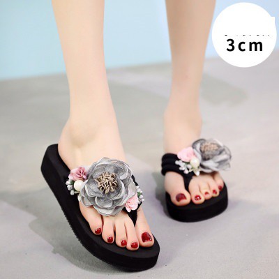 Dép tông nữ xỏ ngón đế cao 6cm quai đính hoa sang trọng | dép đế xuồng