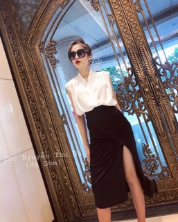 Set áo đắp chéo + chân váy nhúng