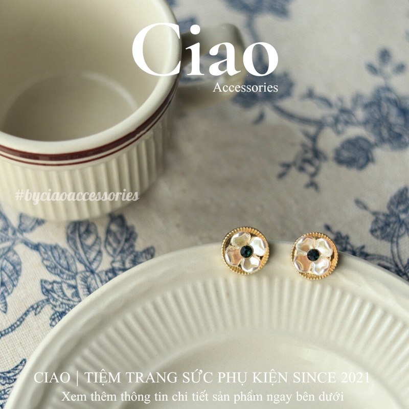 [HOẢ TỐC 1H] Khuyên tai/ Bông tai mạ bạc S925 thiết kế hoa đính đá xanh Morra Ciao