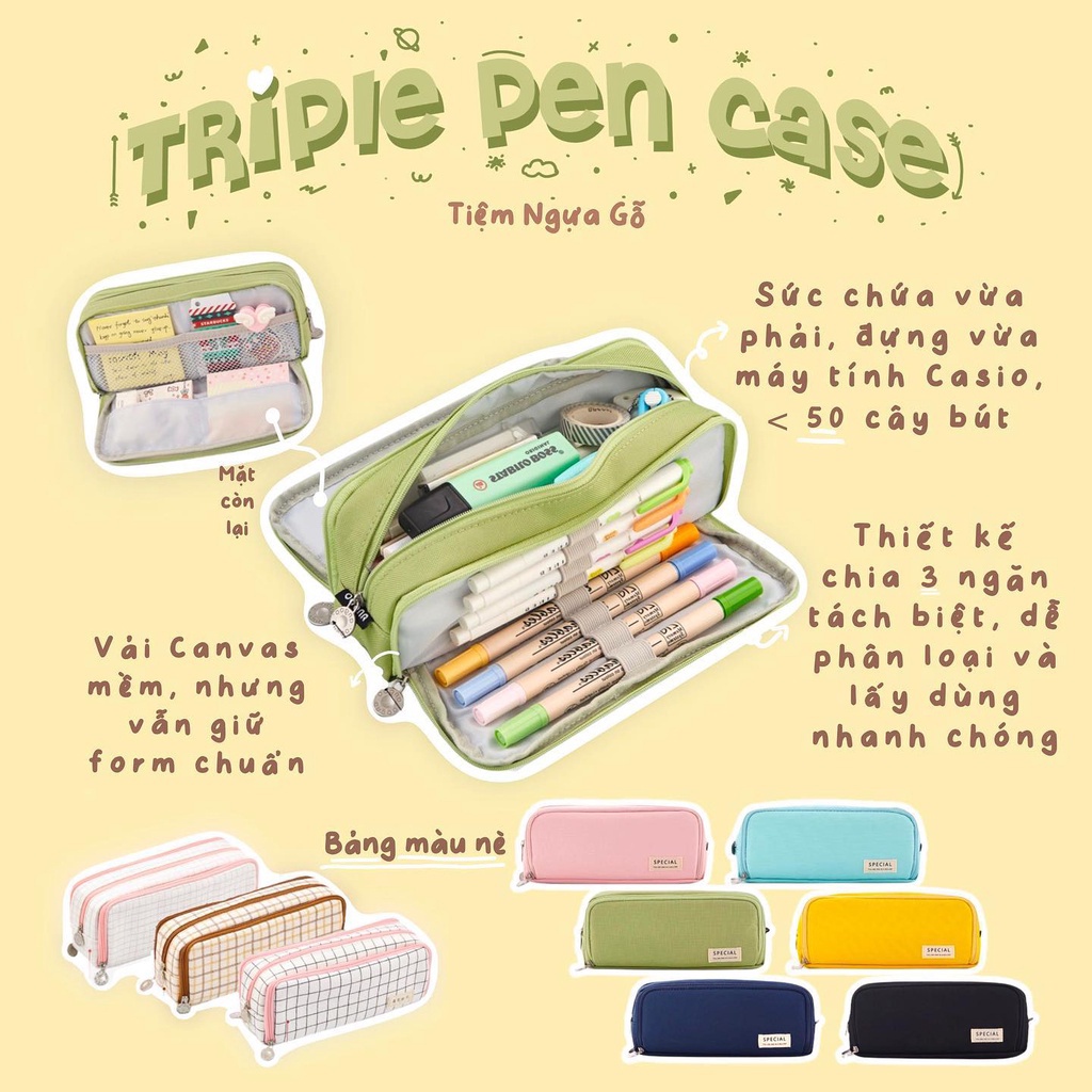 Túi Bút Vải Triple Pen Case, Hộp Bút Vải Canvas, Nhiều Ngăn Đa Năng Nhiều Ngăn Dễ Thương Cho Học Sinh