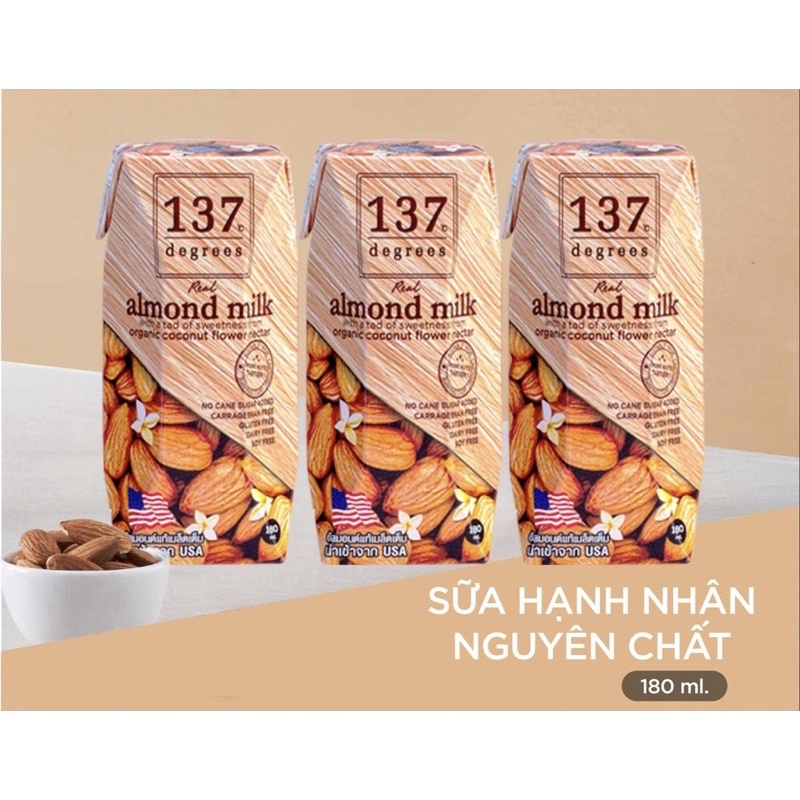 Sữa hạt Hạnh Nhân Không Đường 137 Degrees 180ml (Lốc 3 hộp)-[FREE SHIP] TỪ ĐƠN 50K, [Loại Đặc Biệt]