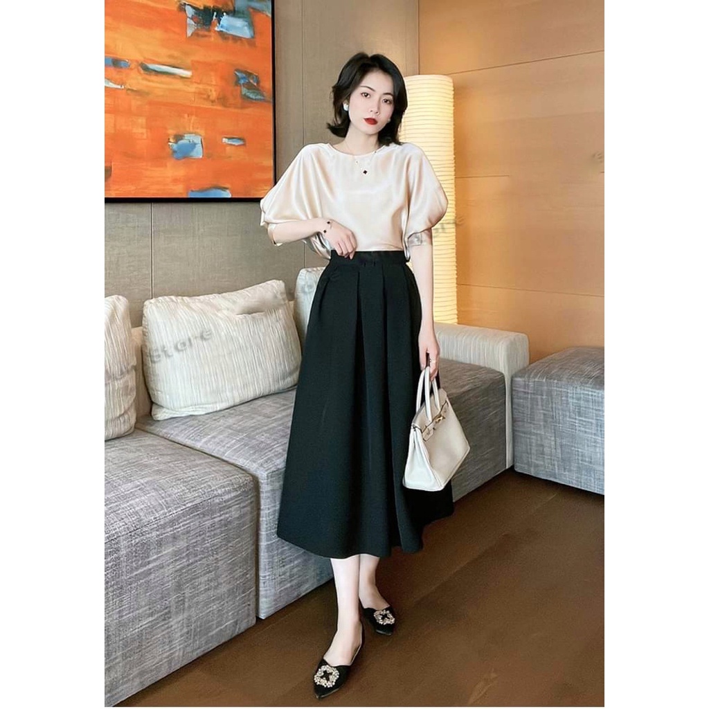 Set mix áo sơ mi lụa kết hợp chân váy kaki chéo hàn công sở, đi chơi, dự tiệc thanh lịch và sang trọng KANDY S29