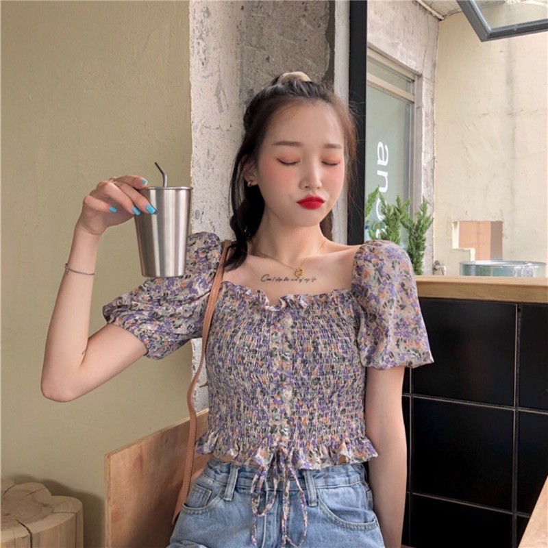 Áo hoa nhí vintage,áo hoa nhí cổ vuông tay bồng bo eo siêu xinh,trẻ trung