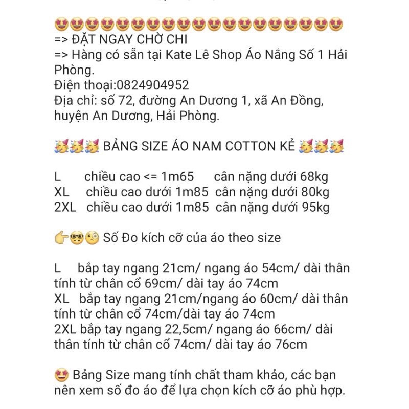 ÁO COTTON KẺ 1 LỚP CHỐNG NẮNG.( Bảng Màu Size XL- Các size L,2Xl,3XL báo cân và chiều cao chọn có Full size )