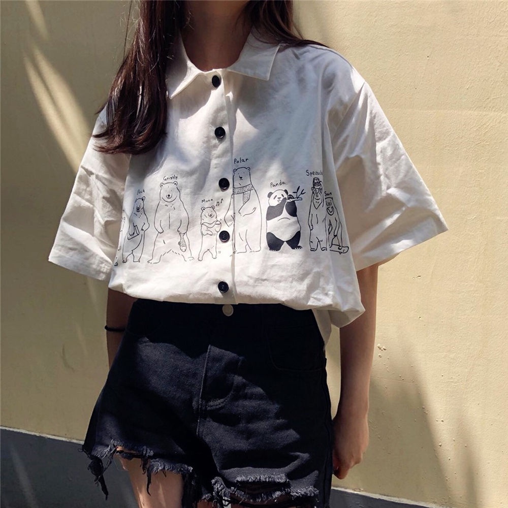 Áo sơ mi IELGY tay ngắn dáng rộng in họa tiết hoạt hình phong cách Hàn Quốc thời trang cho nữ