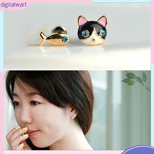 Cặp khuyên tai không đối xứng hình mèo và cá dễ thương nhỏ xinh dành cho nữ