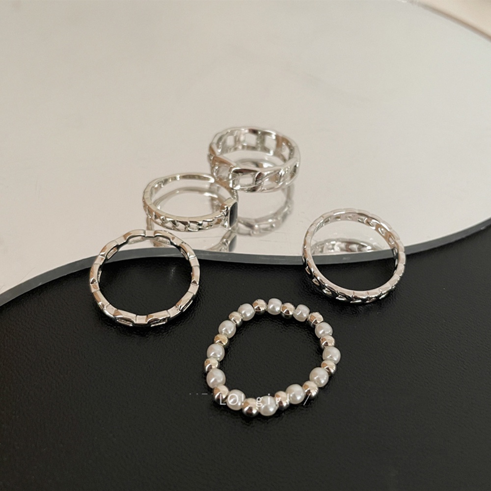 iF YOU Set 5 Nhẫn Bạc Dạng Mắc Xích Màu Đen Phong Cách Hàn Quốc Cho Nữ