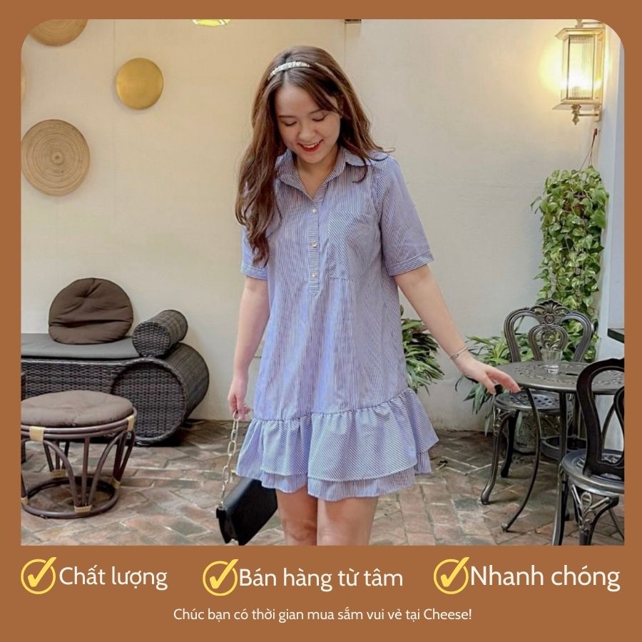 Váy liền kẻ sọc dáng suông nhún bèo dành cho nữ Bigsize