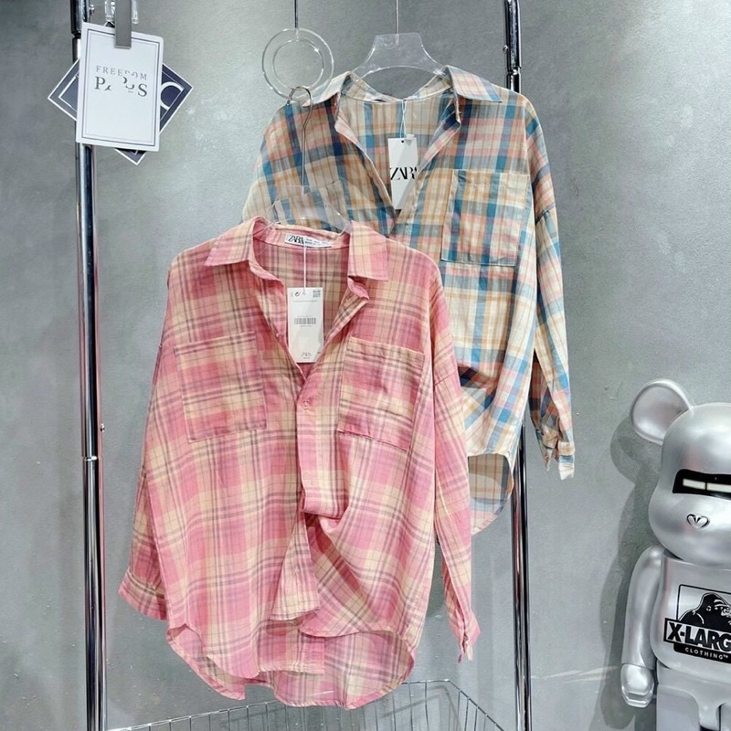 Áo sơmi nữ đũi thô kẻ sọc freesize dưới 53kg  2 màu xanh hồng alohashop91