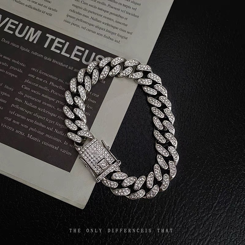 Vòng tay đính đá lấp lánh Cuban Chain Nam Nữ titan không gỉ 18cm Kèm Hộp