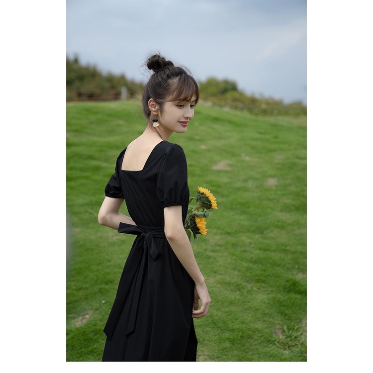 Đầm midi chữ A tay phồng màu đen phong cách Pháp thời trang mùa hè cho nữ