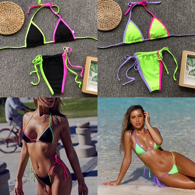 [BKN673] &lt;ÂU&gt; SET BIKINI VIỀN MÀU XANH NEON/ĐEN QUẦN THONG/LỌT KHE