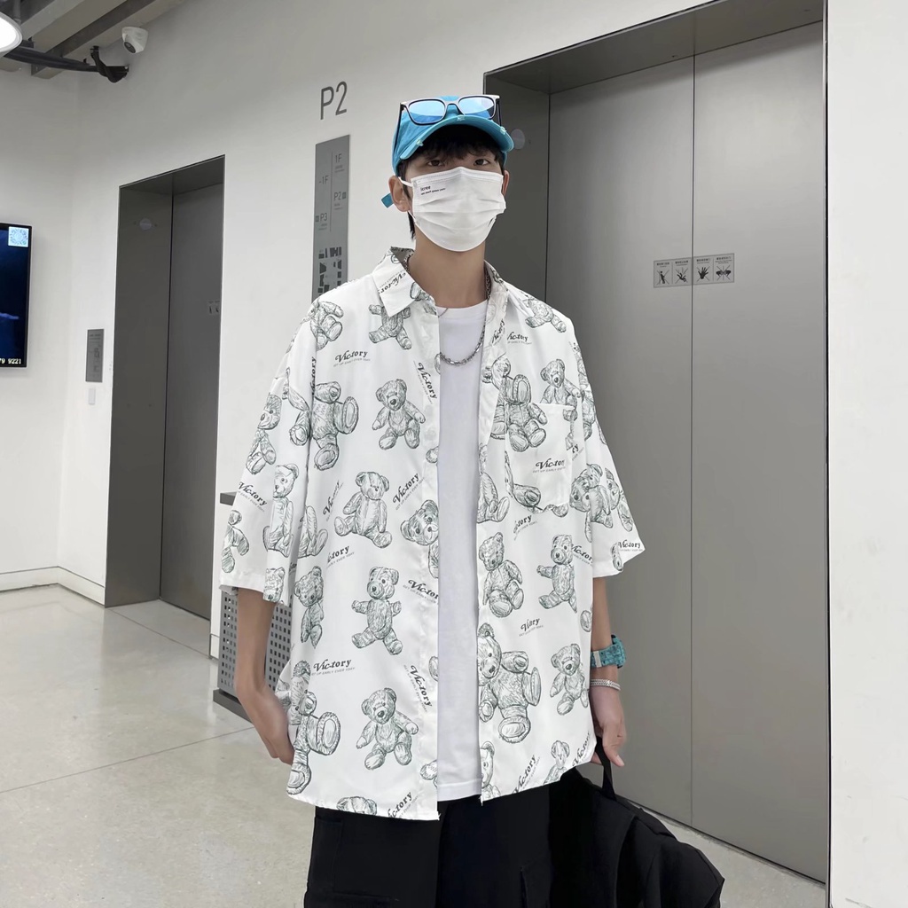 Short Sleeve Shirt With Cartoon Bear Pattern High Quality Korean Style Summer Fashion 2022 For Men