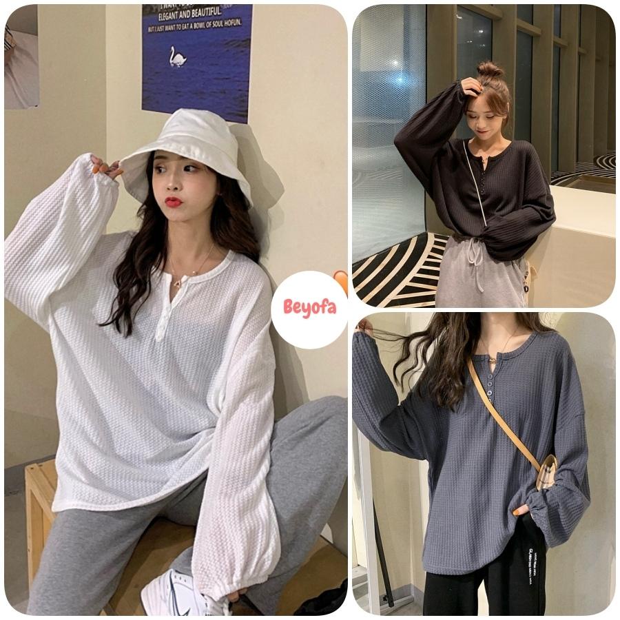 Áo Thun Len Mỏng Tay Bo Cổ Tròn Cúc Cài - Áo Dài Tay Nữ Ulzzang Trơn Dáng Rộng Cổ V 3 Màu