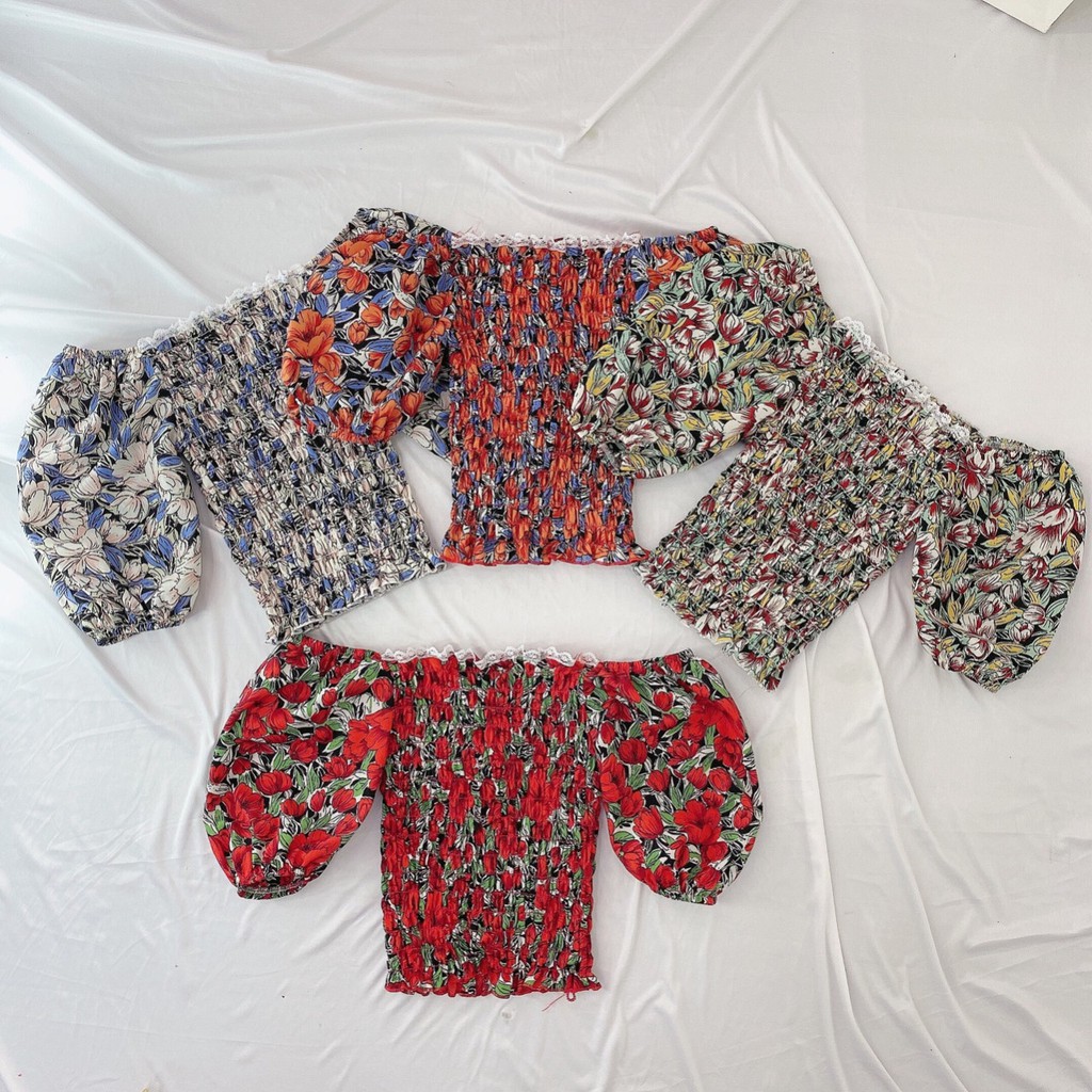 Áo Kiểu Voan Hoa Nhí Thân Nhún Tay Ngắn Bẹt Vai Thời Trang TTSA0558