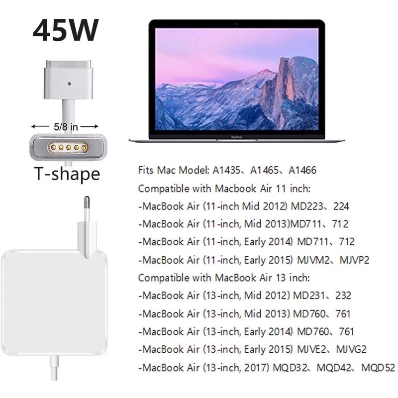 Sạc Macbook Air 14.85V-3.05A - 45W, Magsafe 2,Model A1436, A1465, Macbook air Năm 2012 đến 2017