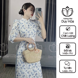 Áo dài 4 tà truyền thống hoa nhí xanh,von ép, cổ vuông, tay lỡ cách điệu