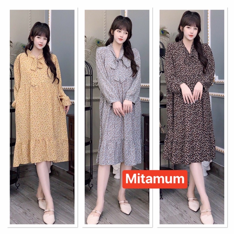 Váy đầm bầu thu đông dài tay công sở hoa nhí chất đũi cổ nơ dài hàng thiết kế thời trang cao cấp đẹp giá rẻ VDTcono09