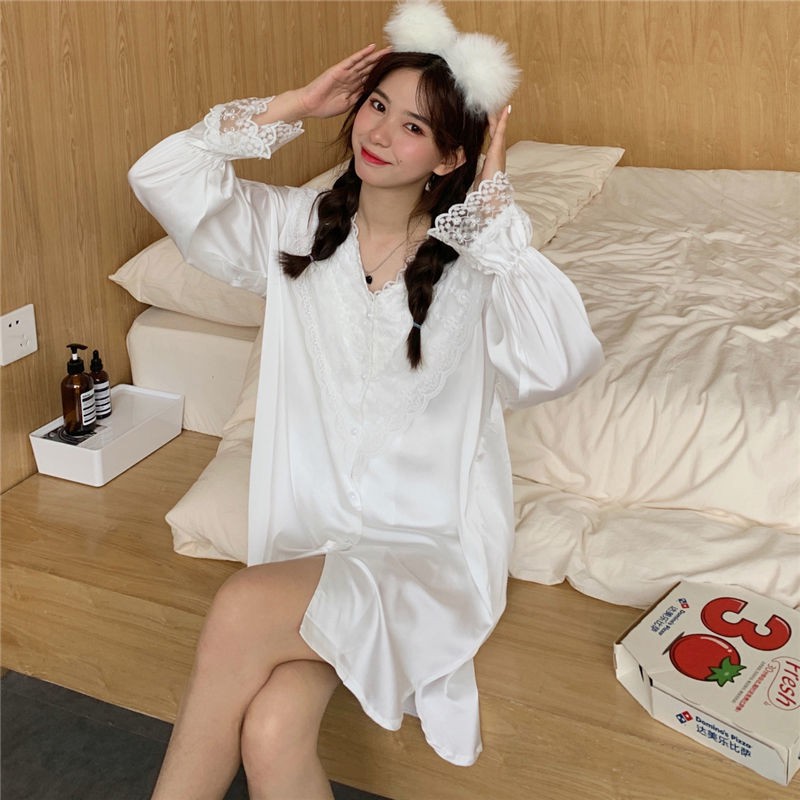 đồ ngủ Tay Dài Vải Lụa Phối Ren Màu Trắng Phong Cách Nhật Bản Quyến Rũ Cho Nữ | BigBuy360 - bigbuy360.vn