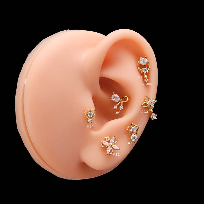 1 Khuyên Tai Hình Trái Tim Đôi Bằng Thép Không Gỉ 20Gauge Đính Đá Zircon