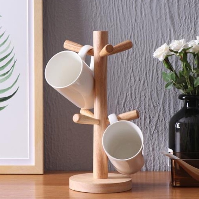 Kệ giá treo ly cốc 6 móc bằng gỗ thông cao cấp trang trí decor GIÁ TREO CÓ THỂ THÁO RỜI thiết kế hình cây treo gia dụng