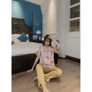 Đồ bộ PIJAMA lụa satin tay ngắn quần dài tiểu thư cao cấp, mềm mịn, họa tiết xinh xắn
