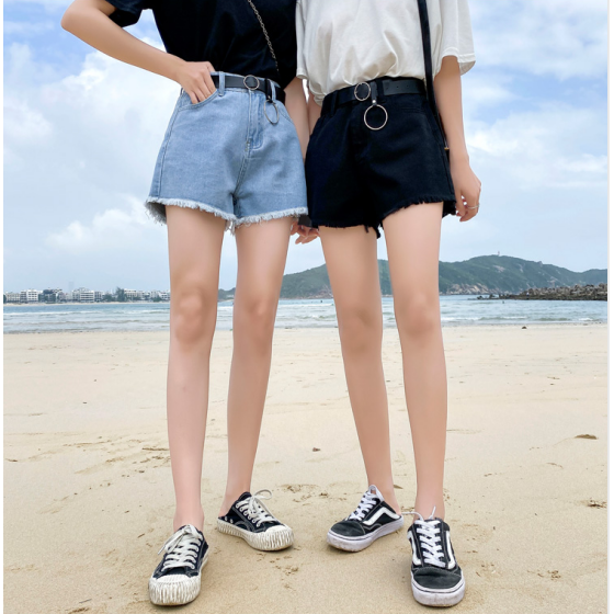 Quần Short Denim Lưng Cao Ống Rộng Màu Trơn Phong Cách Hàn Quốc Cho Nữ