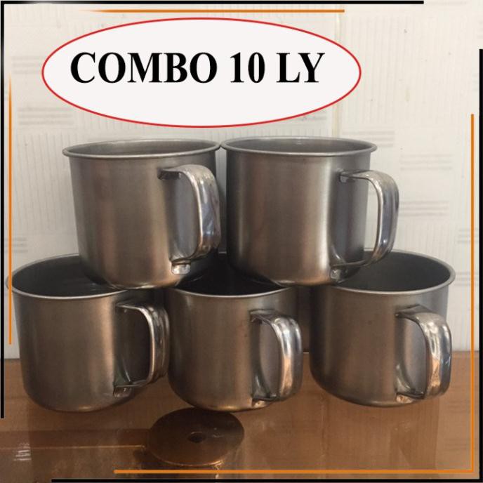 Combo 10 Ly inox có quai uống nước. Ca làm đá có quai bằng inox