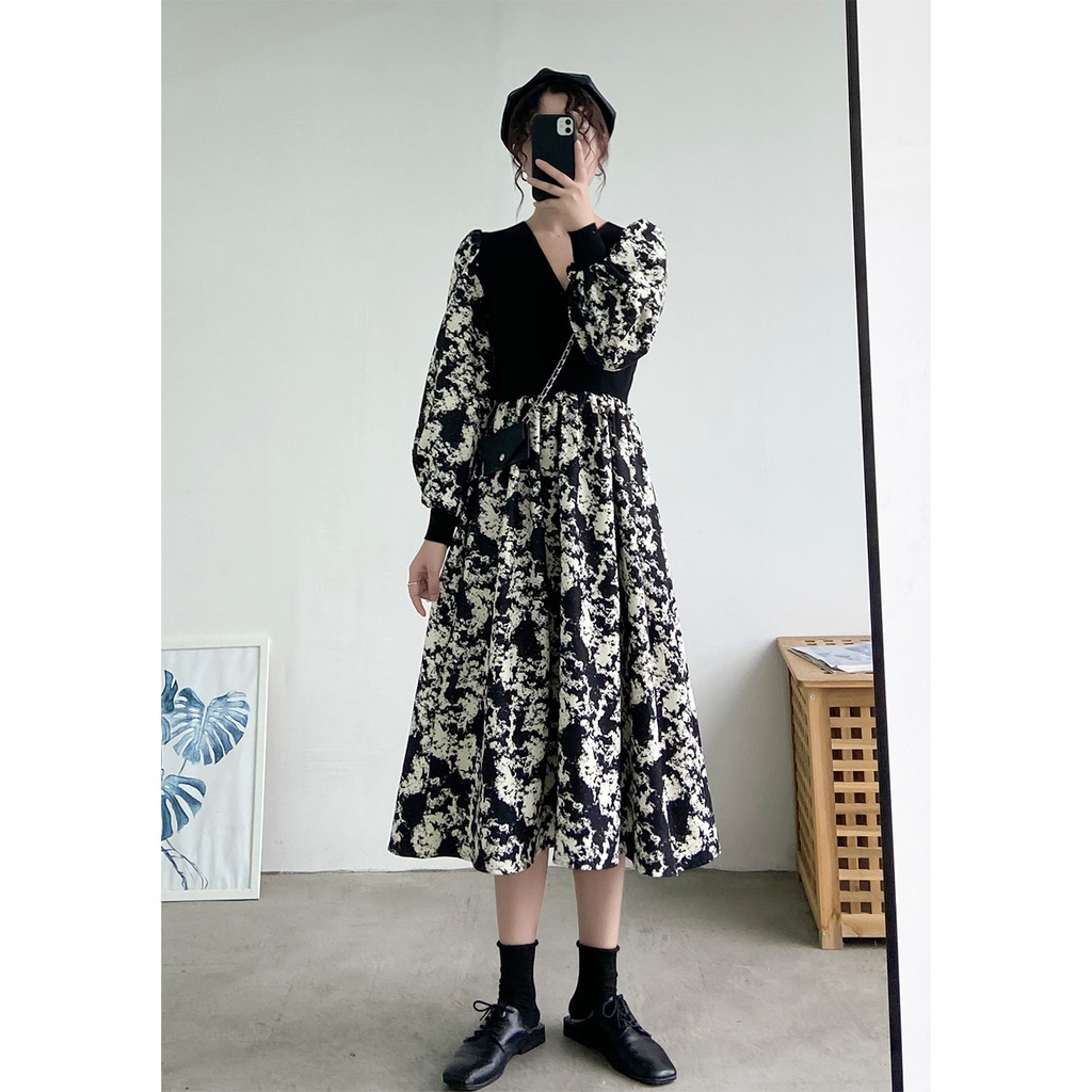 Đầm ZHELIHANGFEI tay dài dáng dài qua gối thời trang theo phong cách retro