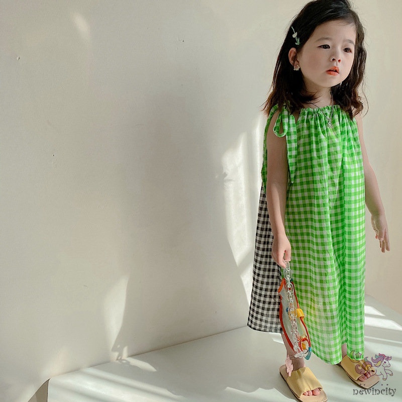 Đầm Hai Dây Họa Tiết Kẻ Sọc Thời Trang Mùa Hè Hàn Quốc Cho Bé Gái