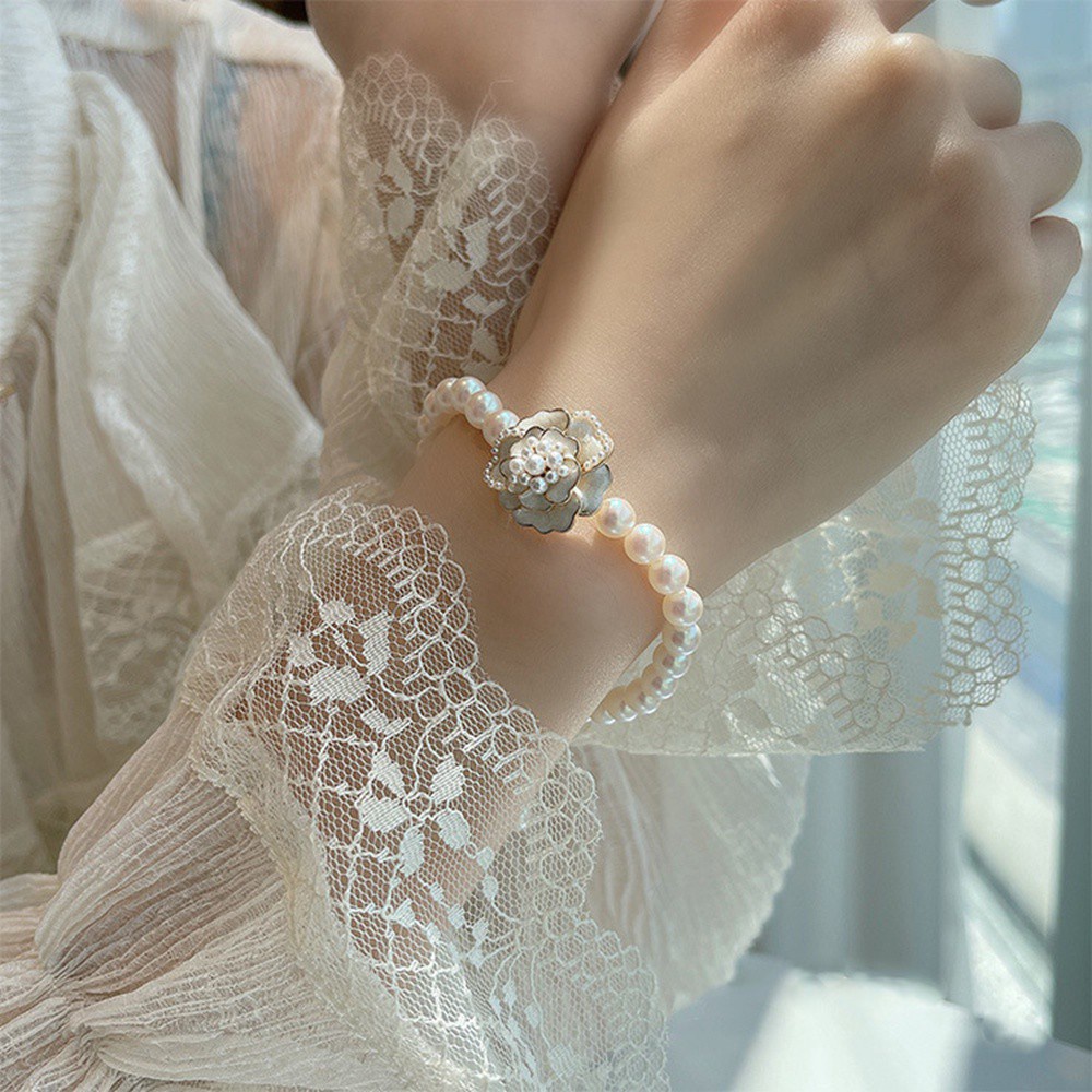 Dây Chuyền / Khuyên Tai / Vòng Tay Hình Hoa Trà Đính Ngọc Trai Giả Bằng Hợp Kim Màu Đen Phong Cách Hàn Quốc Thanh Lịch Cho Nữ