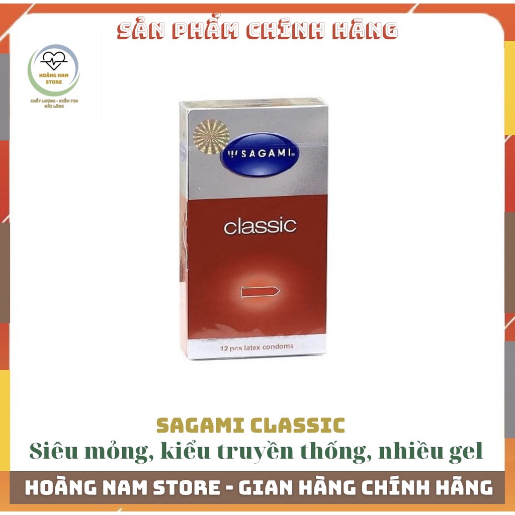 Bao cao su Sagami Classic, siêu mỏng co giãn, Kiểu truyền thống, Nhiều gel bôi trơn giúp trơn mượt, hộp 12 chiếc
