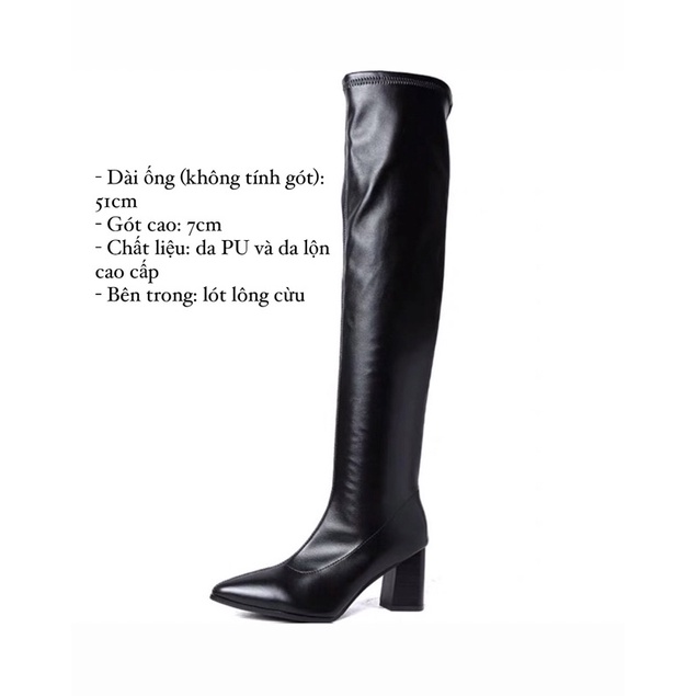 Bốt đùi nữ mũi nhọn da lộn lót lông ôm chân gót cao 7cm không khoá