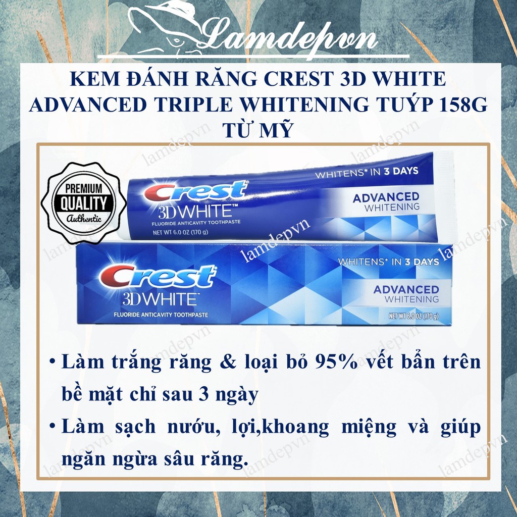 Kem đánh răng Crest 3D White Advanced Triple Whitening tuýp 158g từ Mỹ