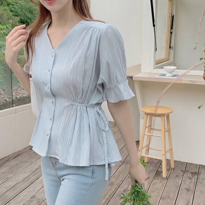 44813 New Korean style V-neck lace-up short-sleeved shirt blouse woman top | BigBuy360 - bigbuy360.vn