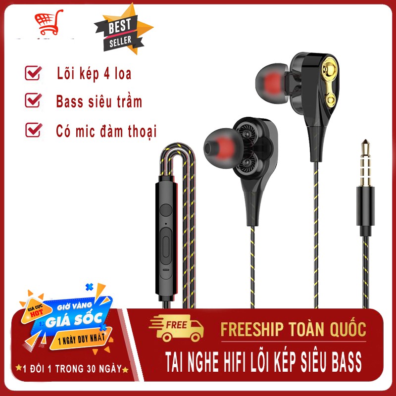 Tai nghe nhét tai có dây HiFi lõi kép 4 loa, siêu bass, có mic, âm thanh sống động, trung thực, kết nối jack 3.5