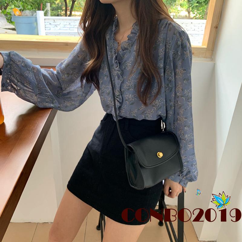 Áo Voan Hoa Tay Phồng Cổ Tim Phong Cách Thanh Lịch Dành Cho Nữ