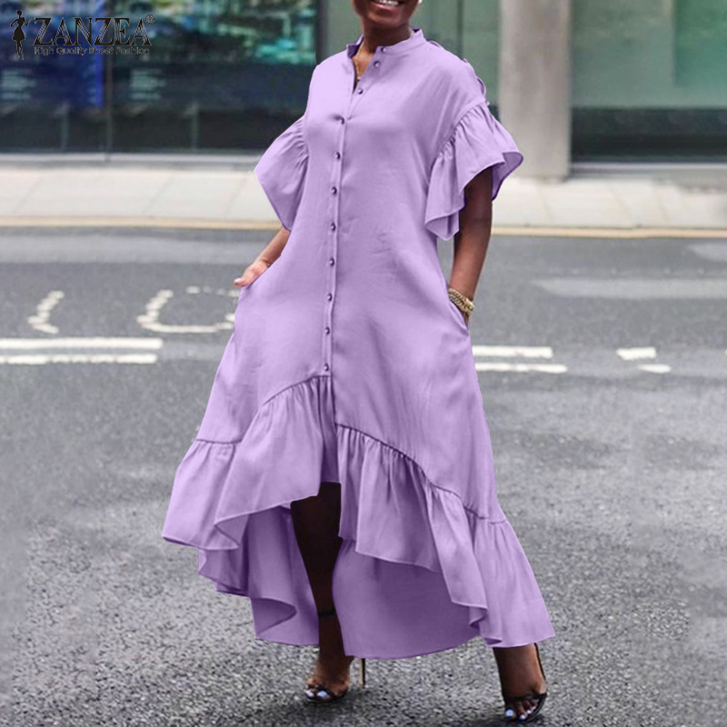 Đầm Maxi ZANZEA Tay Ngắn Cổ Chữ V Vạt Áo Không Đều Màu Trơn Dáng Rộng Viền Áo Nhún Bèo Thời Trang Nữ | BigBuy360 - bigbuy360.vn